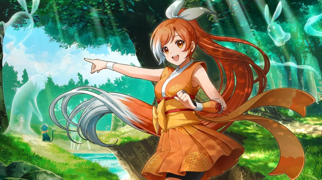 A young animated girl with orange hair and a matching dress in a lush green forest