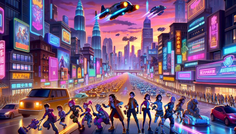 Futuristic cityscape at dusk with animated characters in action poses