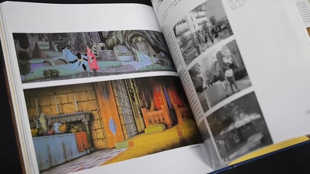 Open book displaying colorful story illustrations opposite historical photographs