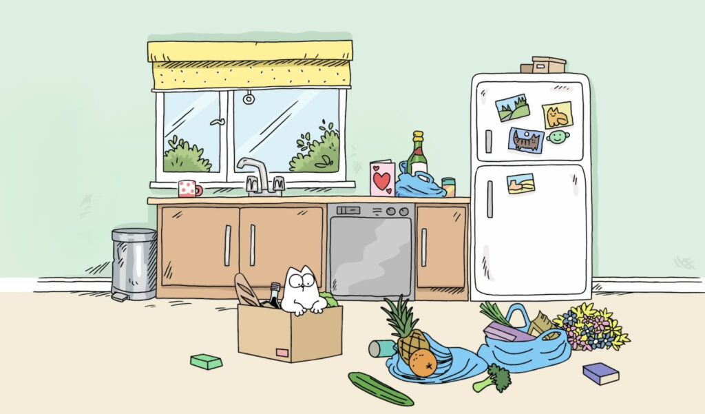 A cat sits in a box in a cartoonishly messy kitchen