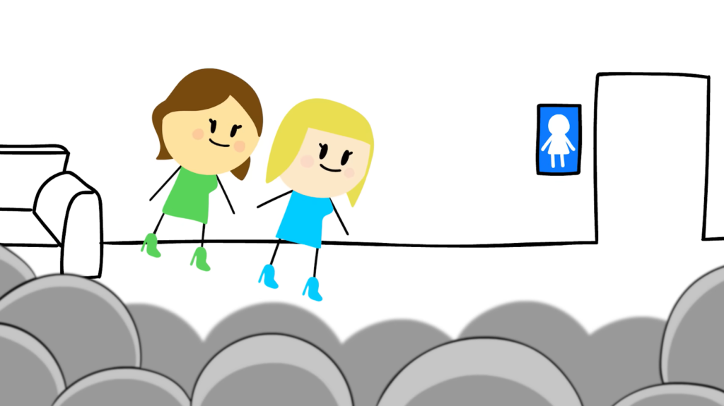 Two stick figure girls hold hands near a restroom sign