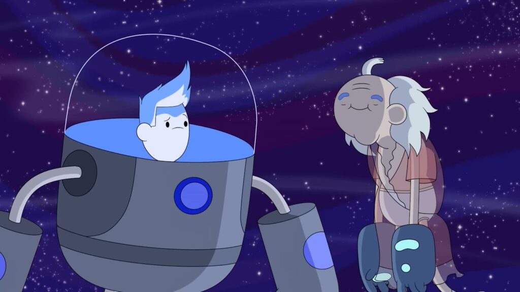 A young character and an old character float in space with a spaceship