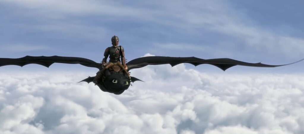 A person riding a black dragon soaring above the clouds