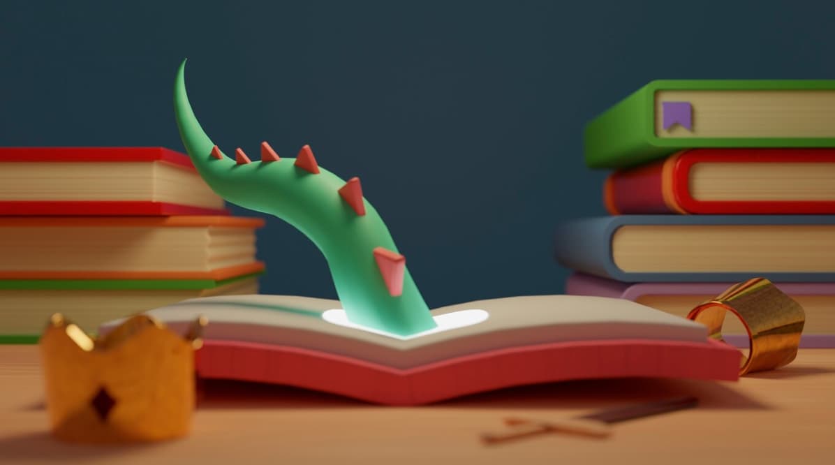 A green dragon's tail emerges from a glowing book next to a toppled crown