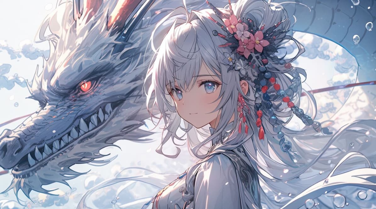 A silver-haired girl with a dragon looming behind her gazes forward