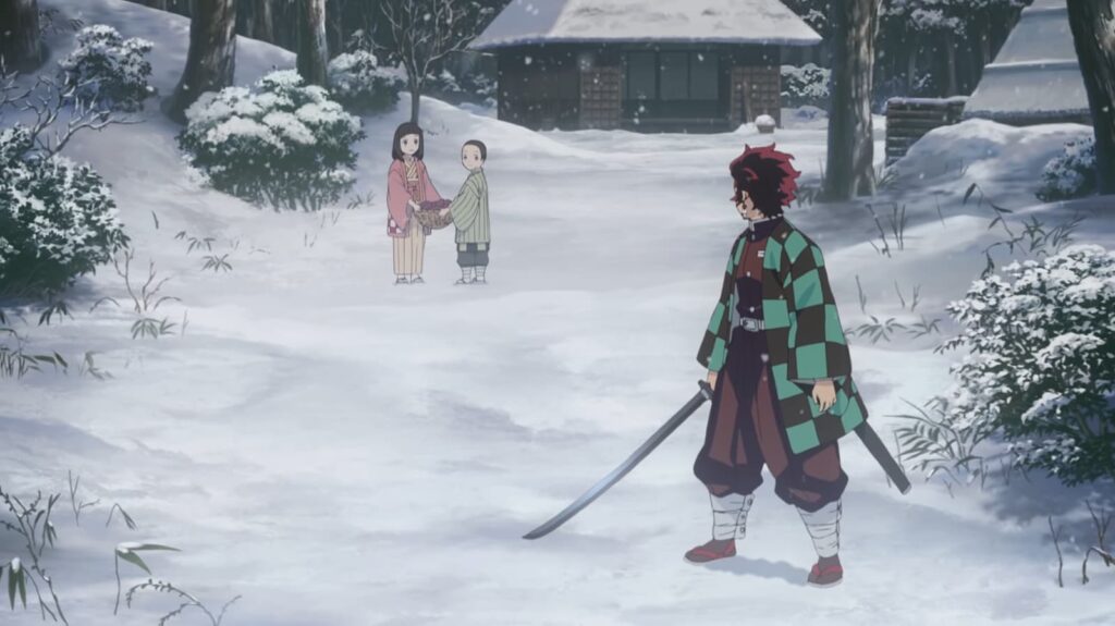 A samurai stands in the snow facing two girls with a basket