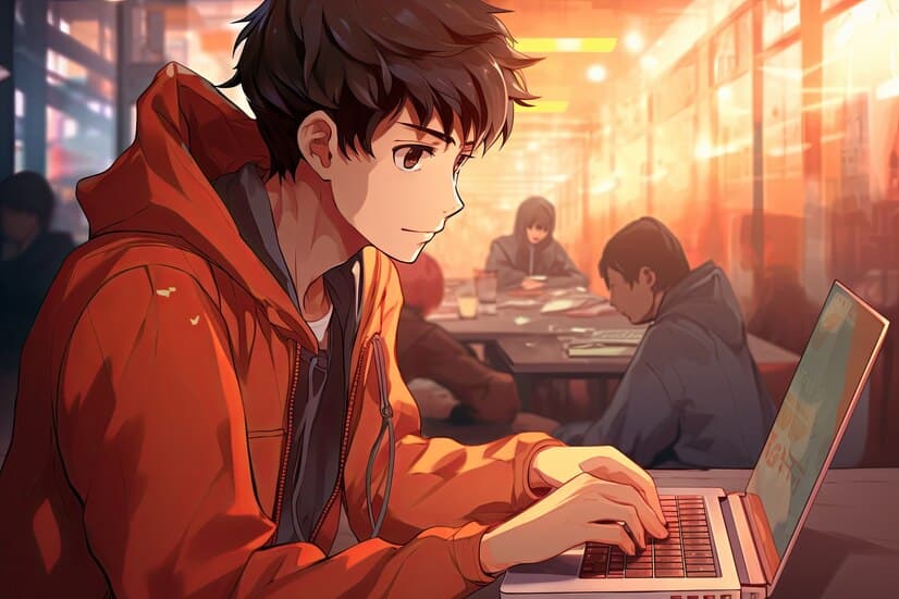 Student Working with Laptop: Anime Style