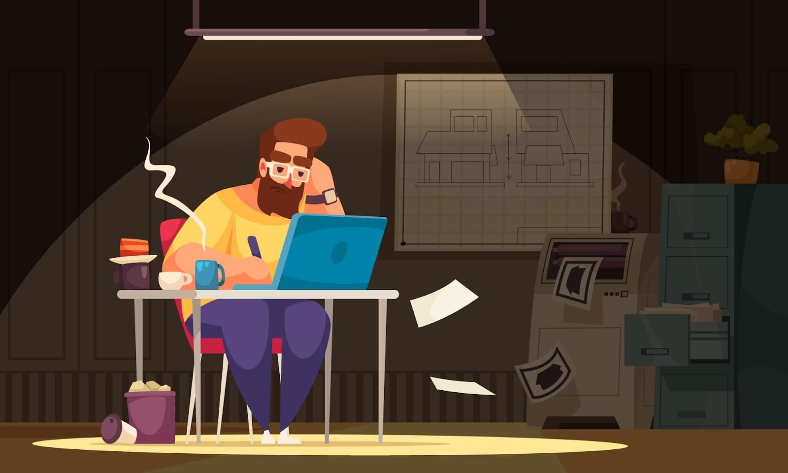 Animated man sitting at a laptop in the office