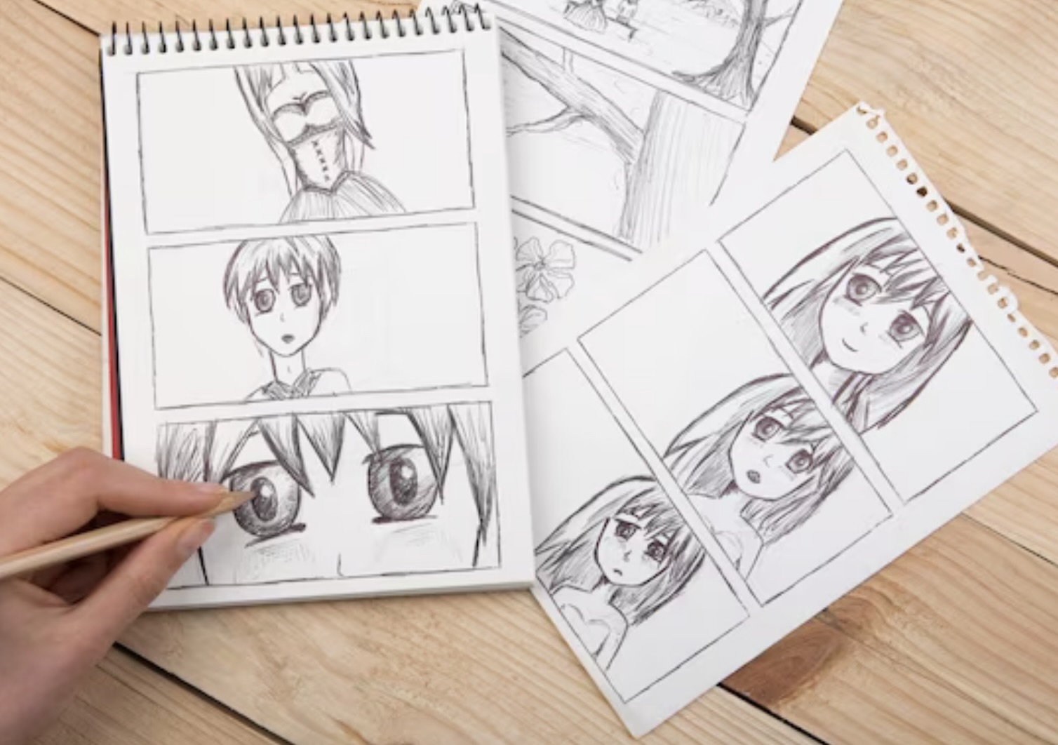 An artist draws an anime comic in the studio