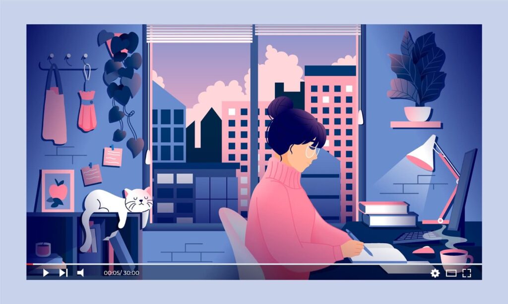 Animated character working at home